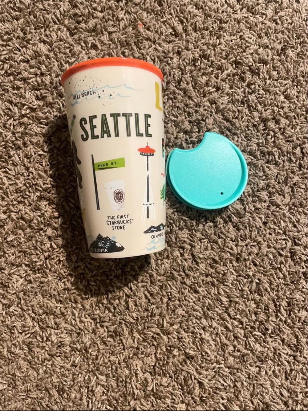 Starbucks Seattle Ceramic Travel Cup with Orange Lid and Teal Cover